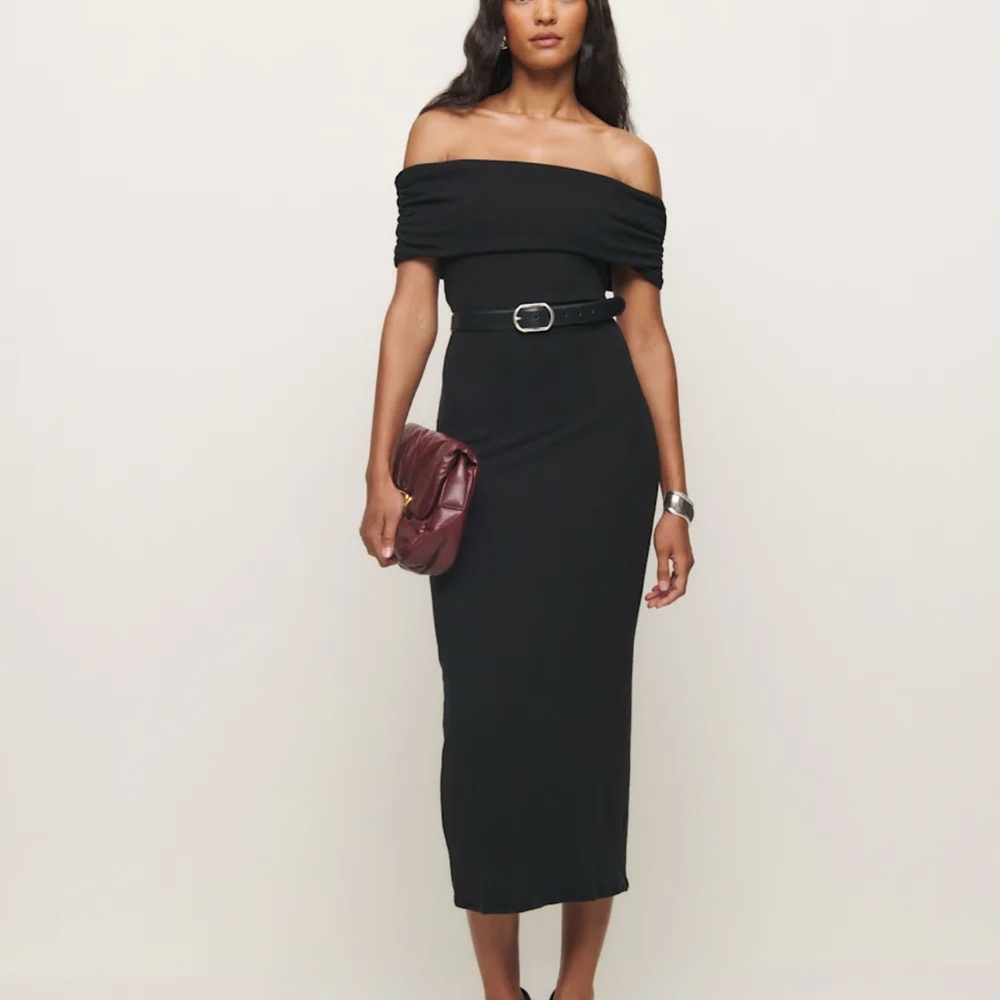 Reformation Josefina Elegant Black Off-Shoulder Dress, Size M NWT
